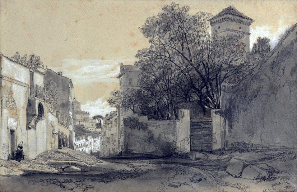 Edward Lear Ingresso di Villa Malta da via Capo le Case con sullo sfondo il Quirinale, 1838