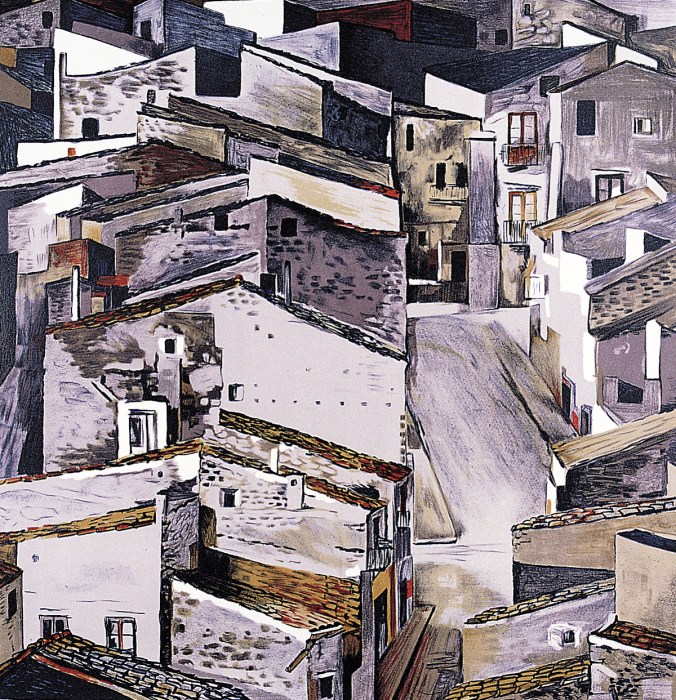 Guttuso Tetti-di Bragheria - Litografia