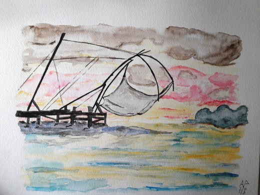 Trabucco sul lago - acquarello su cotone